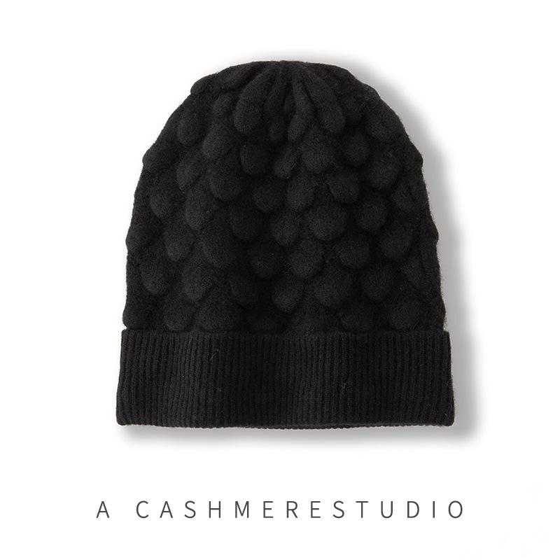 Cashmere Autumn New Women's High-end Solid Color Feather Thickened Warm Fashion Casual Cuffed Knitted Hat