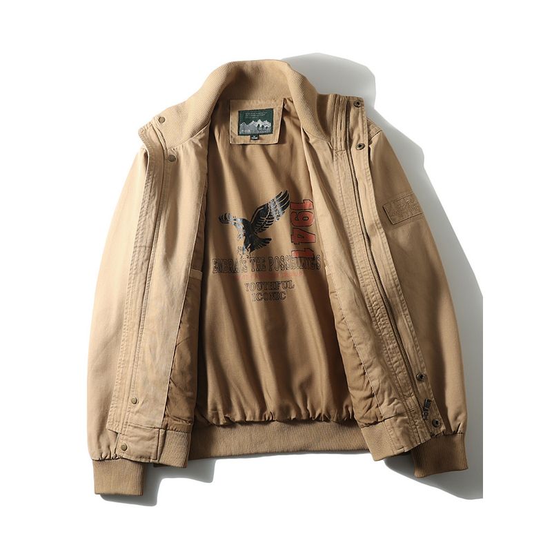 American vintage Casual Pure Cotton Cargo Jacket Men's Spring and Autumn Multi-pockets Stand Collar Foreign Trade Men's Tough Guy Wear