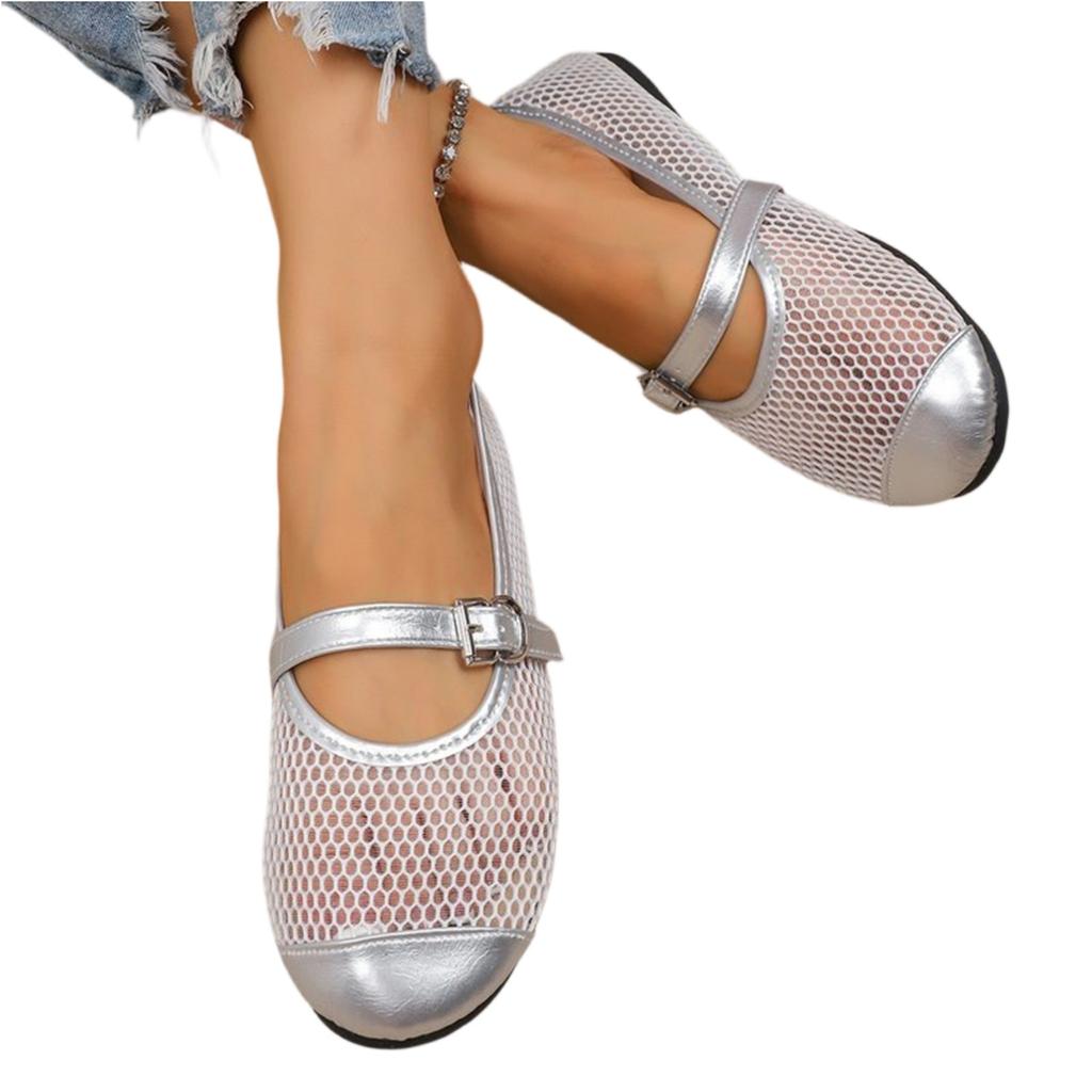 Women Summer Mesh Mary Jane Flats Shoes Breathable One Strap Casual Lightweight Slip On Ballet Flats with Buckle Closure