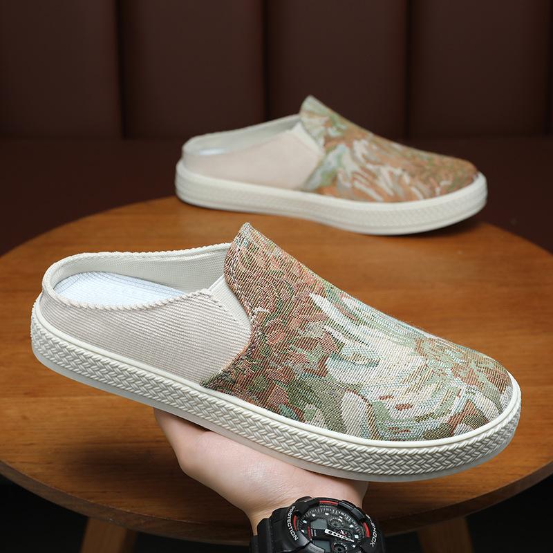 Summer new printed bag head, cloth surface breathable, light and simple, one pedal and half drag men's shoes slippers