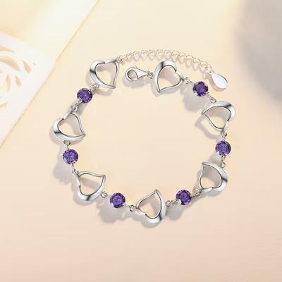 Coração Cristal Ametista Pedra Branca Banhado S925 Prata Zircão Coração Forma Pulseira Jóias Femininas