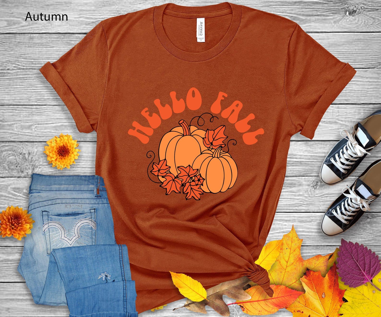 Hello Fall Pumpkin T-Shirt | Women s Autumn Graphic Tee L