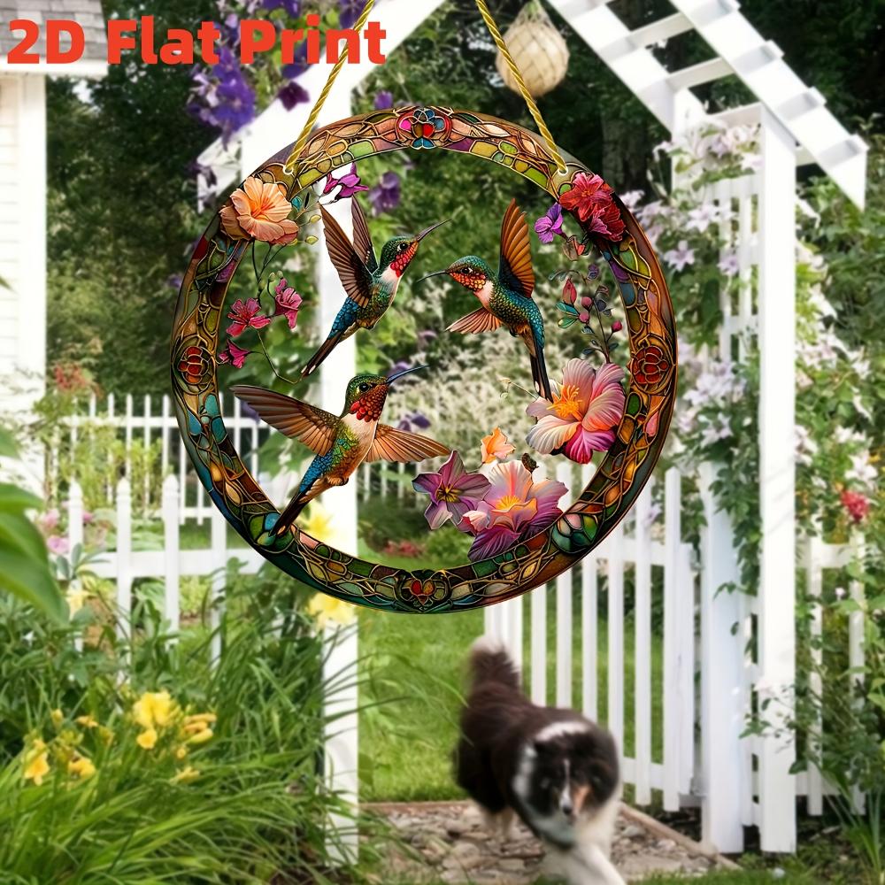 20CM 2D Flat Hummingbird Flower Color Art Translucent Round Window Hanging Decorative Acrylic Decorative Sun Catcher Parasol for   Garden Gift