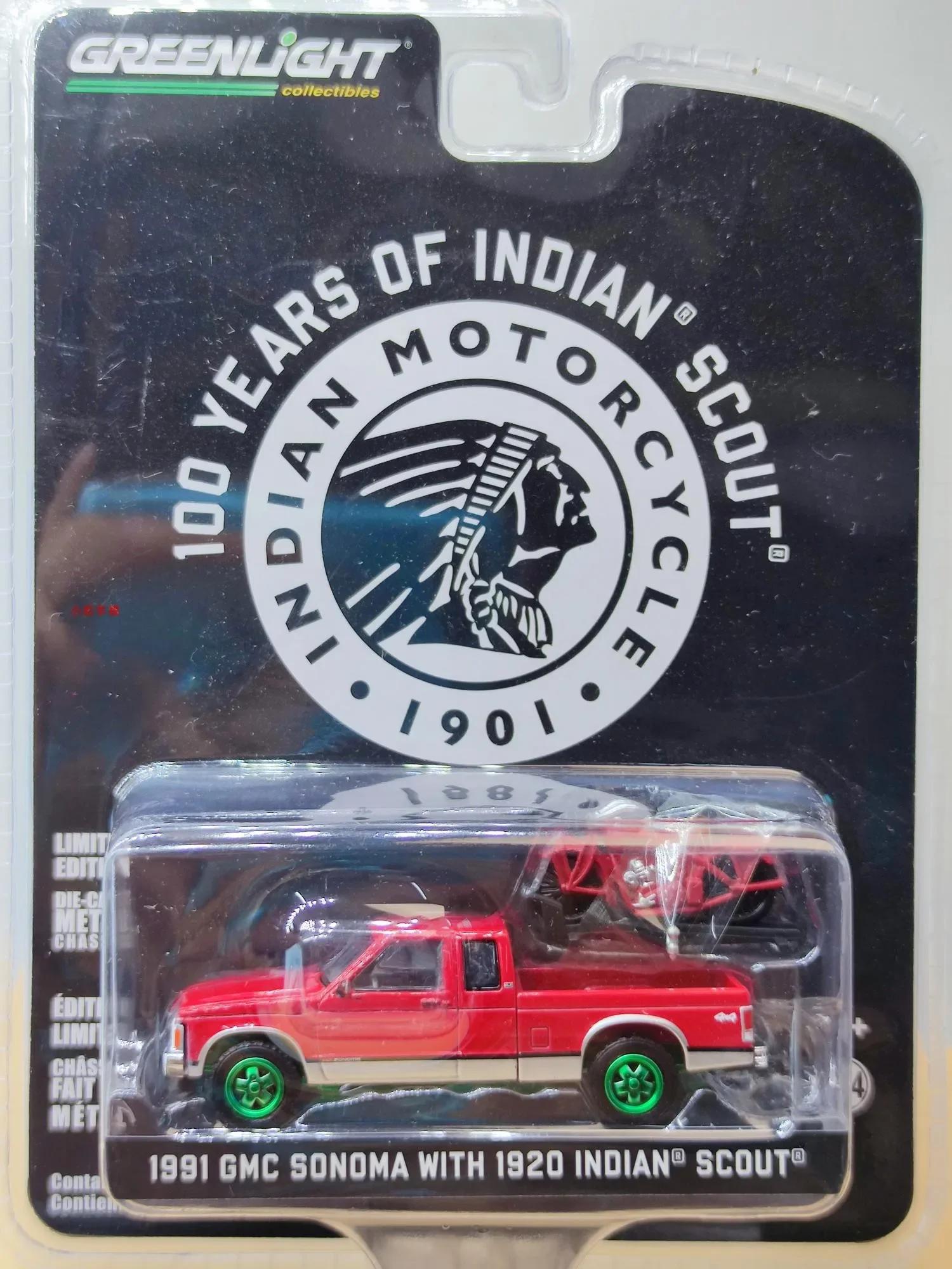 

GreenLight 1:64 1991 GMC Sonoma Extended Edition&1920 Indian Scout Centennial Motorcycle Green Edition Collection of car models