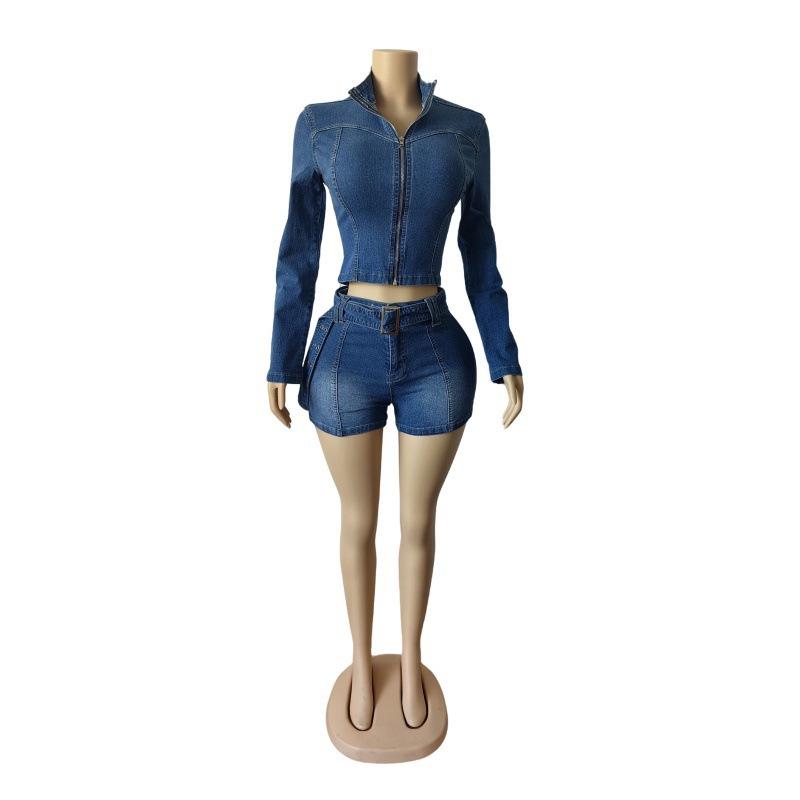 Women's Distressed Spicy Girl Zipper Cardigan & Denim Shorts Set