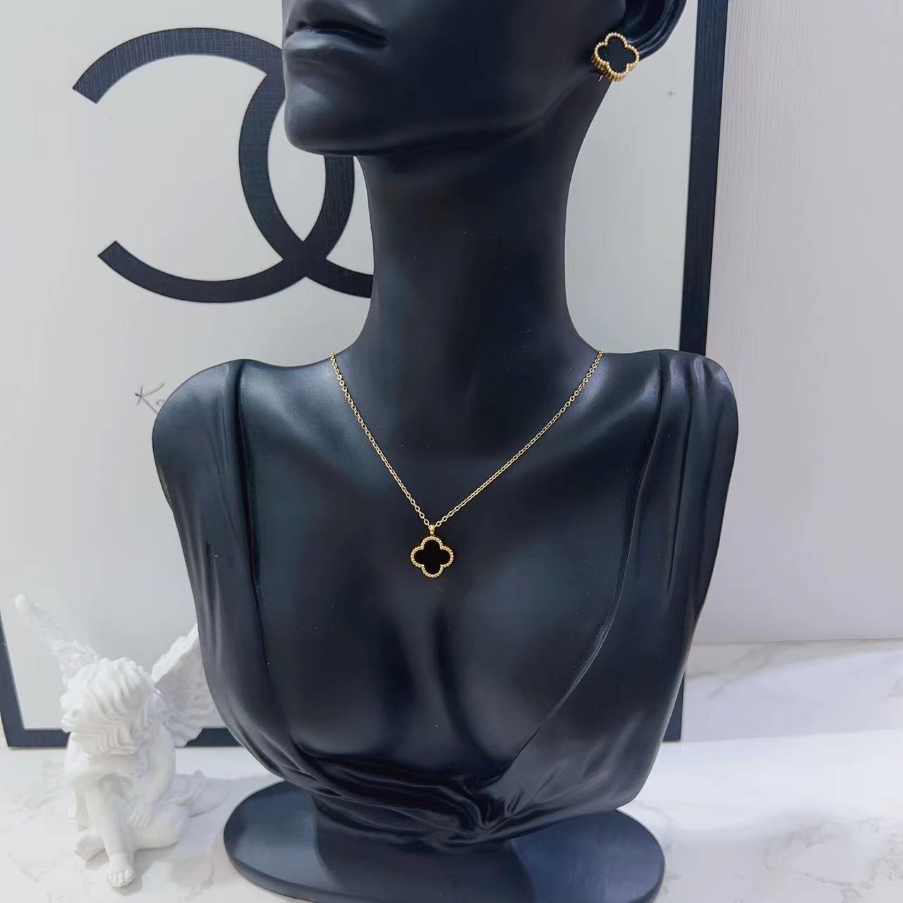 

2 шт., комплект ожерелья из титановой стали Lucky с четырьмя листьями травы и ногтей чёрный