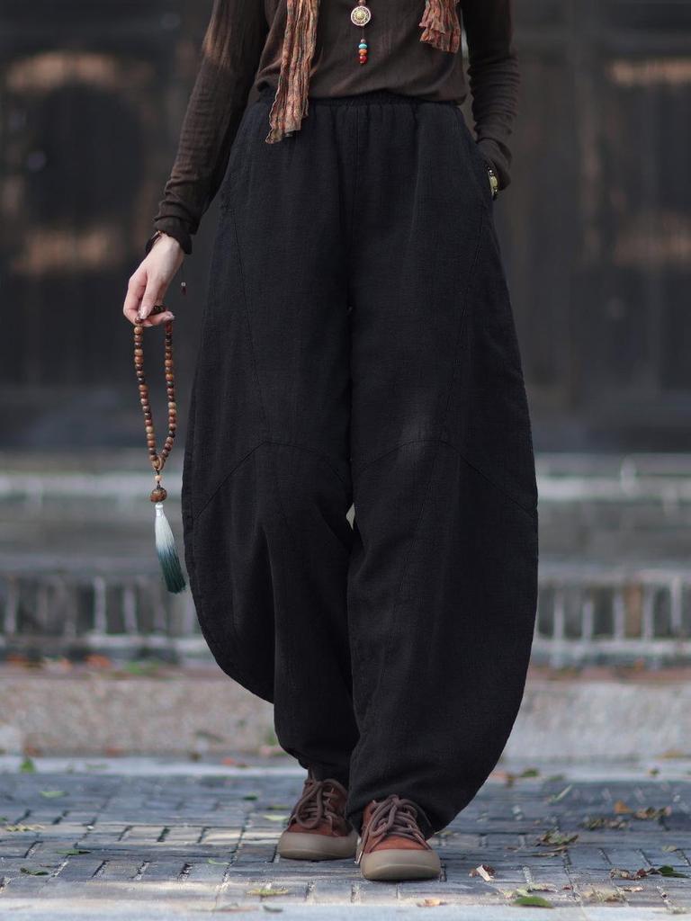 Women's Retro Ramie Sand-Washed Distressed Loose Lantern Pants for Meditation and Tai Chi