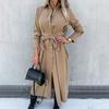 Women's Cotton Button Down Maxi T-shirt Dress Casual Long Sleeve Lapel Collared Long Dress Lace Up Waist Ladies Robes