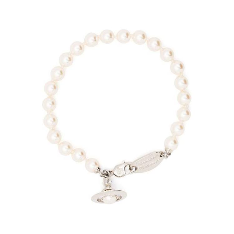 Vivienne Westwood Logo Pendant Enamel Brass Pearl Bracelet Women bracelet Beige 61020174-02P113 Basic Packaging-Dust Bag+Box