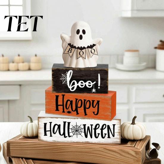 Decorative Seasonal Gifts Halloween Ghost Decoration, Wooden Sign Tiered Tray Ornament, Farmhouse Flexible Layered Wood Blocks Tabletop Centerpiece