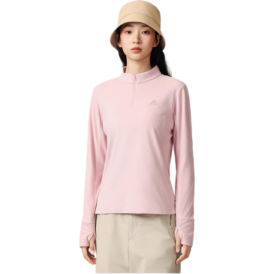 Anta Outdoor Series Comfortable Casual Versatile Slim Fit Base Layer Half Zip Fleece Long Sleeve Women Tops Soft-Pink 962546401-2