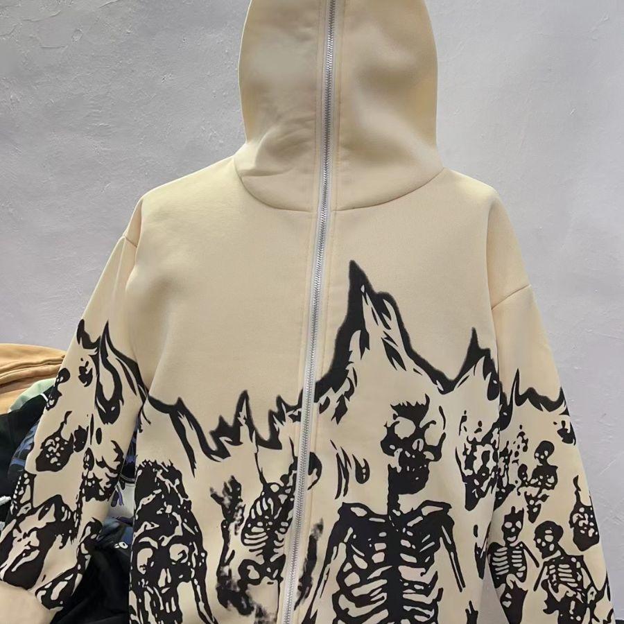 Y2k hoodie gothic zip sweater skull sweatshirt jacket hooded cardigan full face sweater