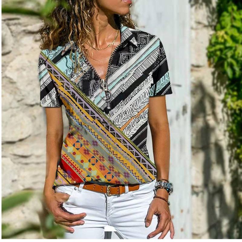 Summer Ethnic Style Zipper Tops Women Bohemian Short Sleeve Casual Shirt for Women Fashion Elegant Vintage Loose Blouse Women Clothing 24527