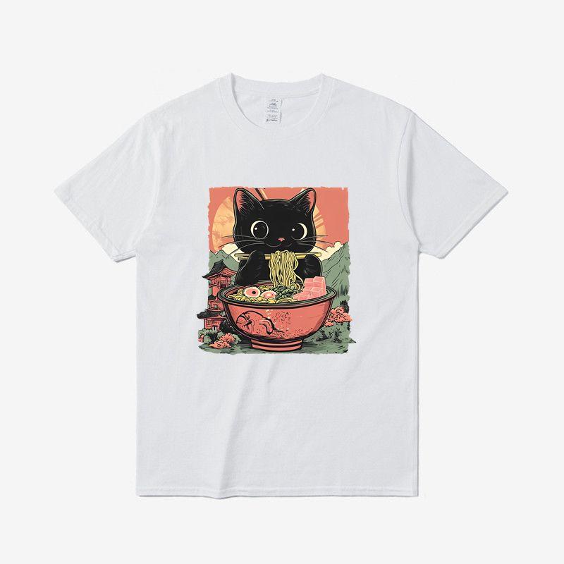 

Miao Wei Dong Ying Ramen Features Cute Black Cat Eating Ramen Printed T-shirt for Both Men Women with Pure Cotton Round Collars 4XL