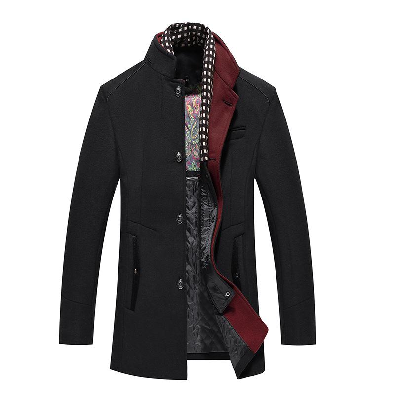 Men's Color-Block Wool Blend Stand-Up Collar Overcoat with Thickened Scarf Collar