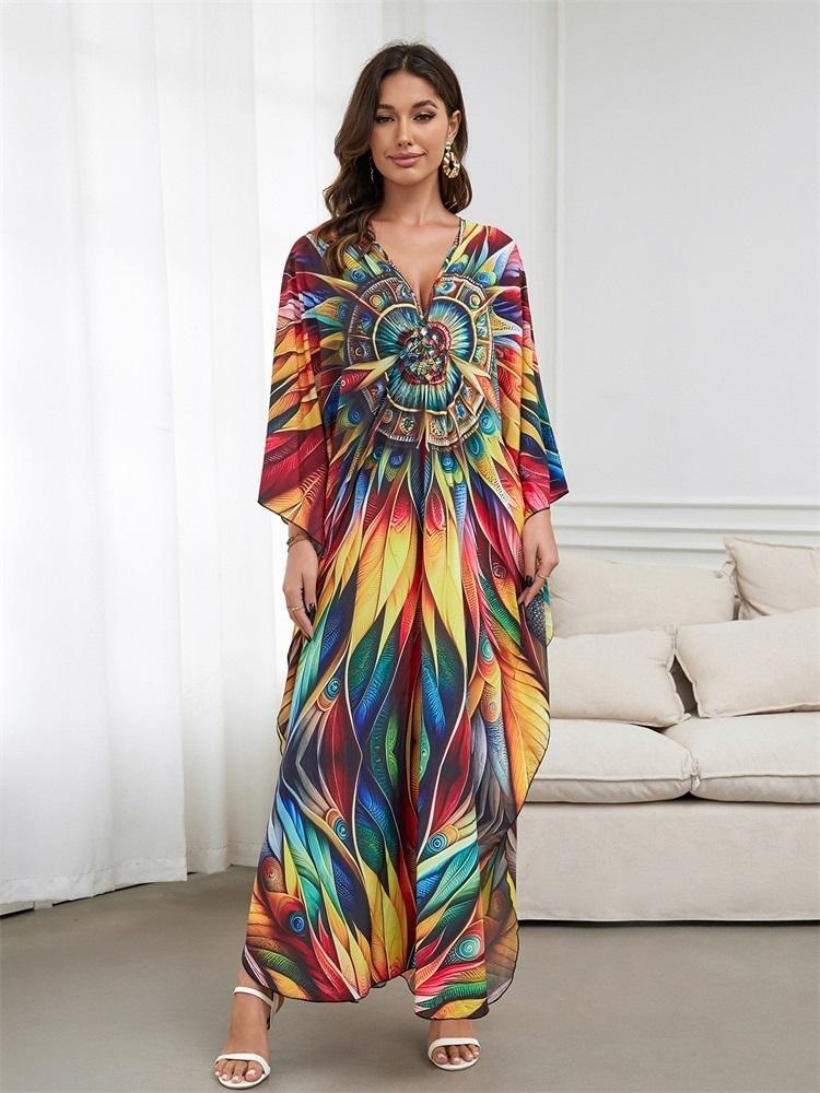 Women Plus Size Kaftan Dress Bohemian Printed Beach Swim Suit Summer Long Homewear Colorful Outfit