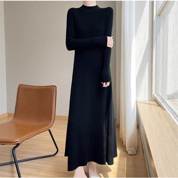 

Осінньо-зимова трикотажна довга сукня з напіввисоким коміром, нова з пальто, светром всередині, спідниця, темпераментна базова жіночий одяг one size fits all чорний