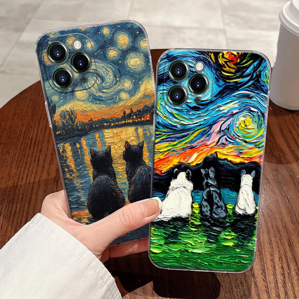 Cat Van Gogh Starry Night Oil Painting Case For Apple iPhone 17 16 15 14 13 12 11 Pro Max Plus 16E 17Air 17Pro Phone Cover Funda