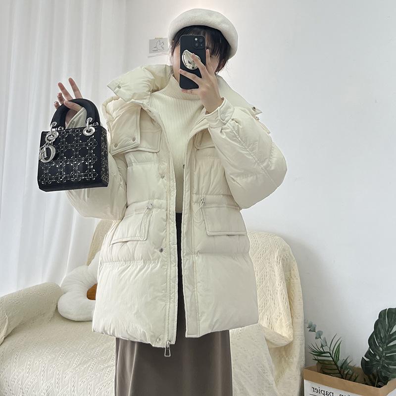 Hooded white duck down jacket women's 2024 winter new Dongmen waist tooling warm small jacket tide