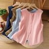 Womens Linen Cotton Sleeveless Button Up Blouse Casual Round Neck Vest Shirt