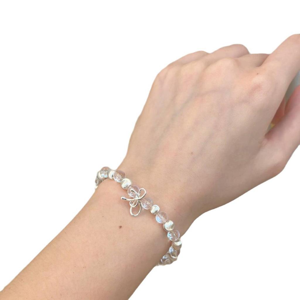 Elegant Women's S925 Sterling Silver Cat's Eye Bow Bracelet with White Crystal Spacer