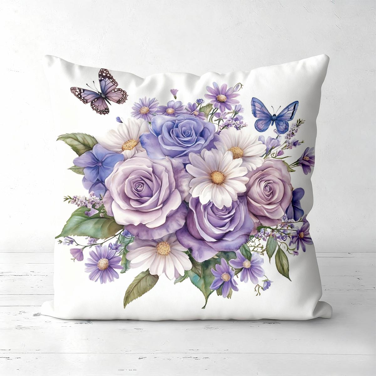 

1 Pieces Purple Flowers Roses Butterflies Printed Pillowcase Polyester pillowcase, sofa decorative cushion cov Headboard Pillow 45x45cm