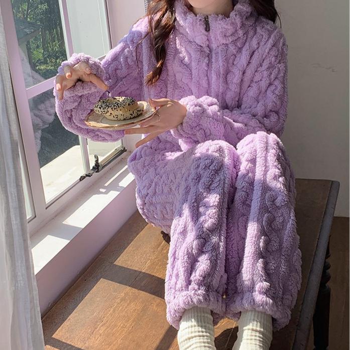 Cozy Flannel Pajama Set for Women Casual Stand Collar Long Sleeve Top with Pants Solid Color Knit Sleepwear Adult Fall/Winter Warm Loungewear