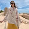 Cotton Linen Large Shawl Bohemia Embroidery Flower Scarf Ethnic Style Scarf  Travel Vacation