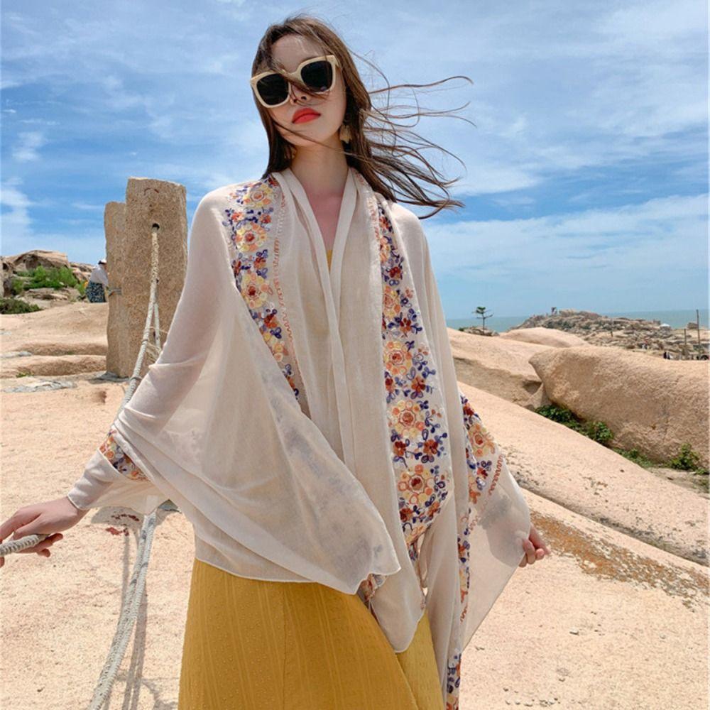 Cotton Linen Large Shawl Bohemia Embroidery Flower Scarf Ethnic Style Scarf  Travel Vacation