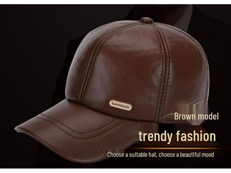 Genuine Leather Cowhide Baseball Cap with Ear Flaps, Adjustable Fleece-Lined Winter Duckbill Hat for Middle-Aged and Elderly Men.