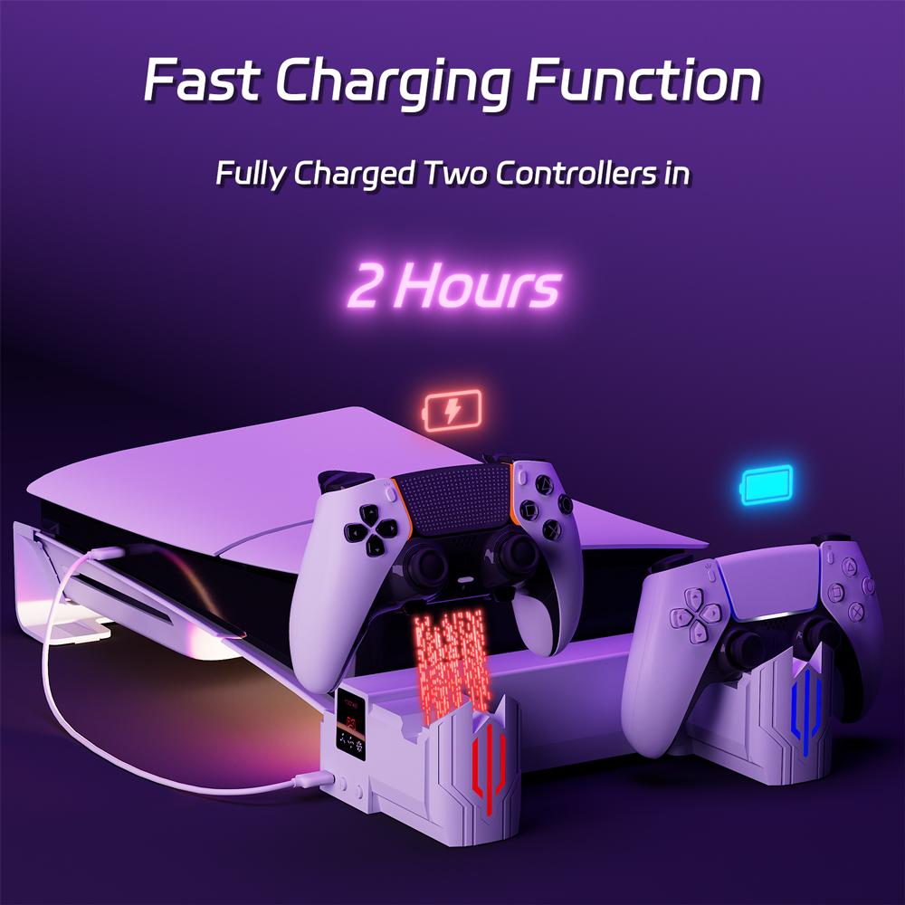 TUODES Horizontaler Kühlständer mit Controller-Ladegerät, RGB-Beleuchtung, verstellbaren Lüftern, Schnellladestation für PS5 Pro/PS5 Slim