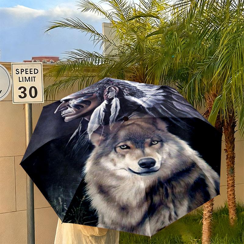 1PC Wolf Native Spirit Automatic Umbrella - Suitable Travel Outdoor Portable Umbrella Birthday Gift Daily Essentials
