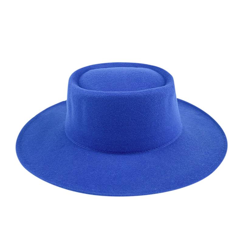 British style solid color big brim flat top top top hat French fashion jazz flat top woolen hat autumn and winter felt hat