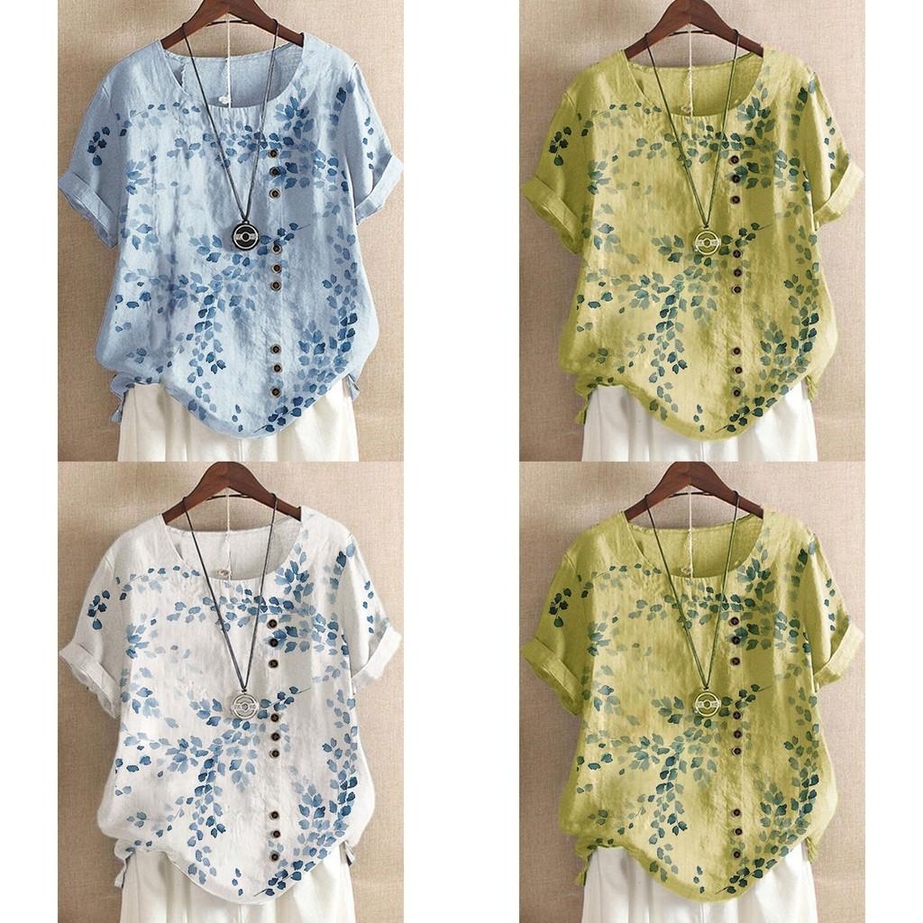 Ladies' Plus Size Floral Print Top Made From Soft Breathable Cotton Linen