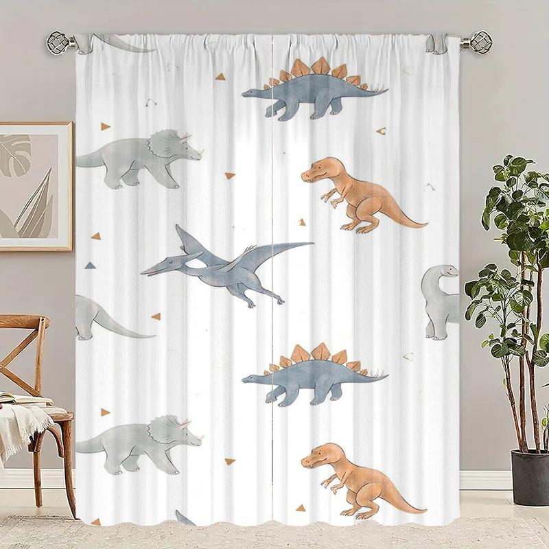

White Children S Cartoon Dinosaur Print Curtains -100% Polyester -2 Sheets For Bedroom Curtains And Living Room Decor. 23Wx59L(60x150CM)x2