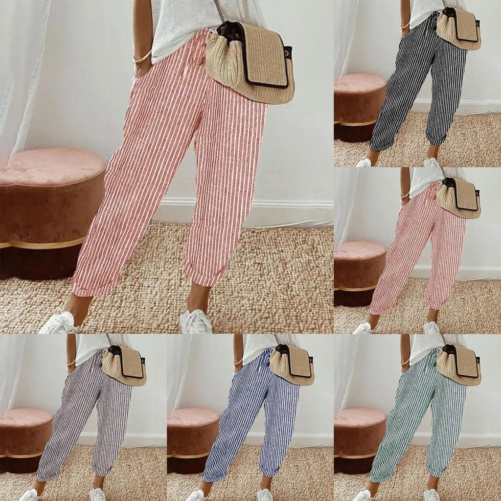 Ladies' Drawstring Striped Elastic Waistband Tied Casual Pants With Pockets