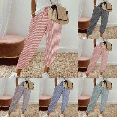 Calças Casuais Femininas com Cordão, Listradas, Cós Elástico Amarrado e Bolsos