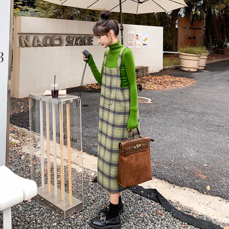 Women s Retro Green Plaid Wool Blend Overall Dress - Korean Style, Autumn 2025 Collection, Thickened and Long-Length. Medium