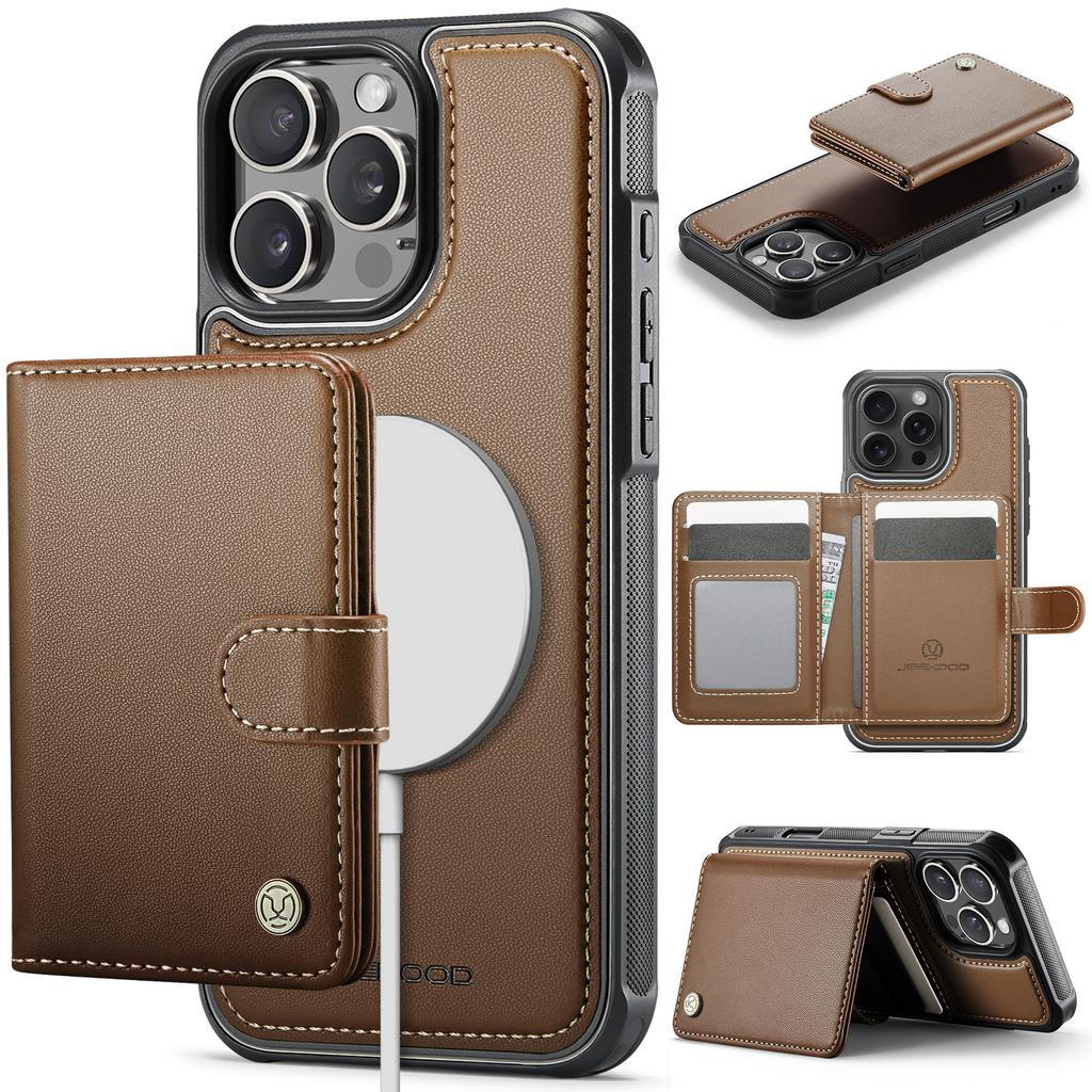 For iPhone 16 Pro Case JEEHOOD J09 RFID Blocking Card Holder Leather Back Phone Cover Compatible with MagSafe