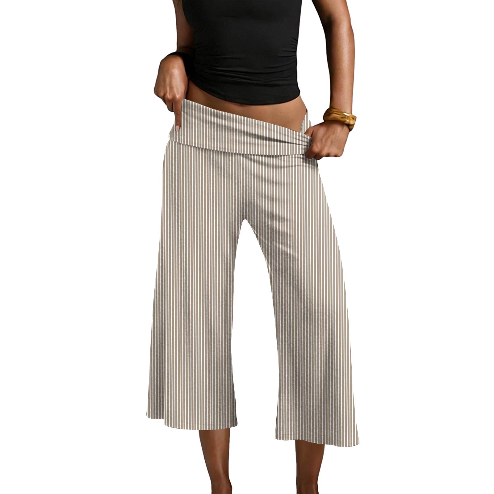 

Women Casual Loose Fit Wide Leg Cropped Pants Striped Pattern Comfortable Yoga Trousers Elastic Waistband Suitable for Leisure Activities S хаки