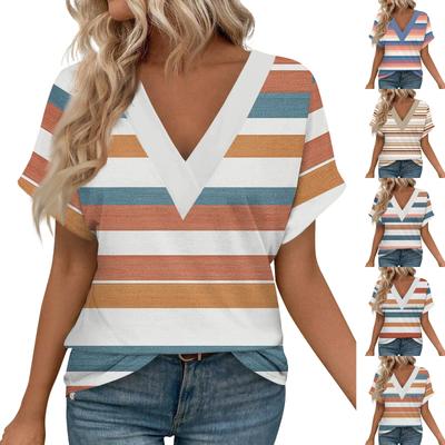 Women's Short Sleeve Shirts V Neck Print Tops Casual Tops Basic Tees Blouse Loose Tops