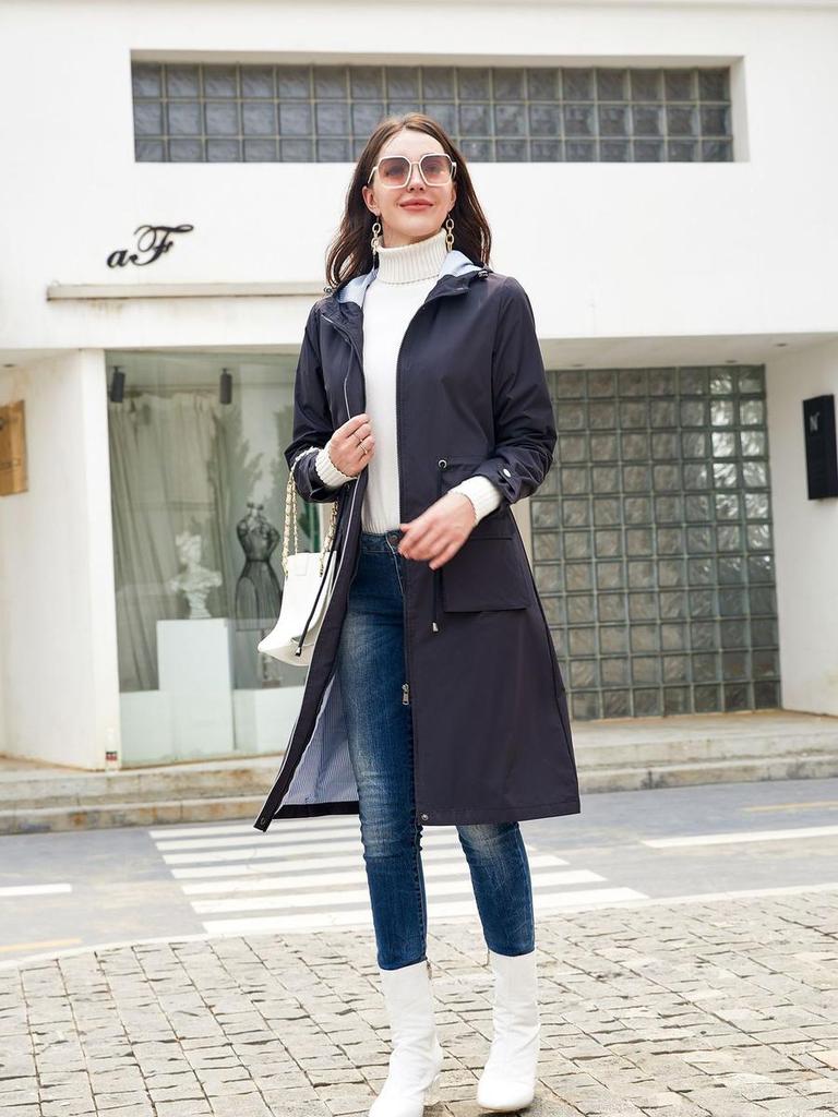 Oversized Long Casual Windbreaker for Women, Waterproof, Hooded, Solid Color Top, Striped Lining, Straight Cut Jacket