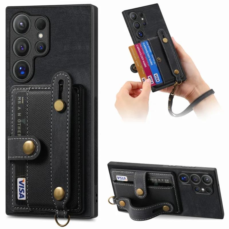 Wrist Strap Phone Case for Samsung Galaxy S24 Plus S23 FE S25 S22 Ultra A06 A16 A36 A05 A15 A25 A35 A55 Wallet Card Holder Cover