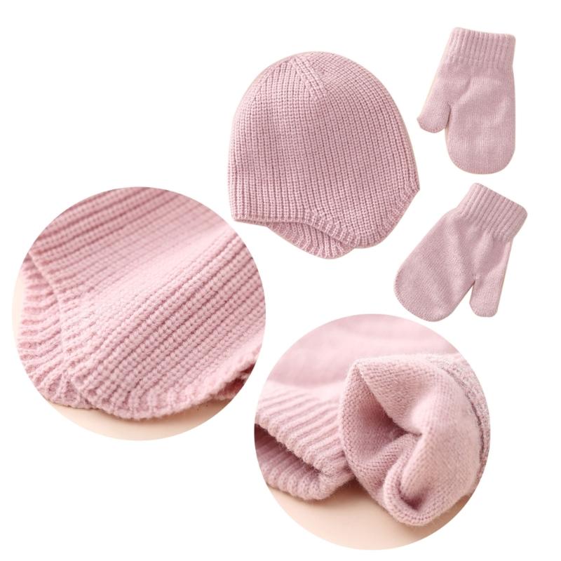 Solid Color Newborn Beanie Hat Mitten Set Warm Knitted Cap Hospital Hat for Toddler Girls Boys Ears Protections Hat