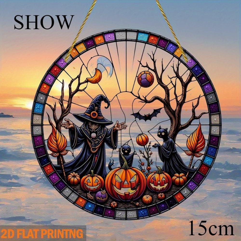 

Плоский акриловый 2D жуткий подвес на окно на Хэллоуин, дизайн с привидением, тыквой и ведьмой, подходит для украшения дома, веранды, сада и вечеринки 15CM