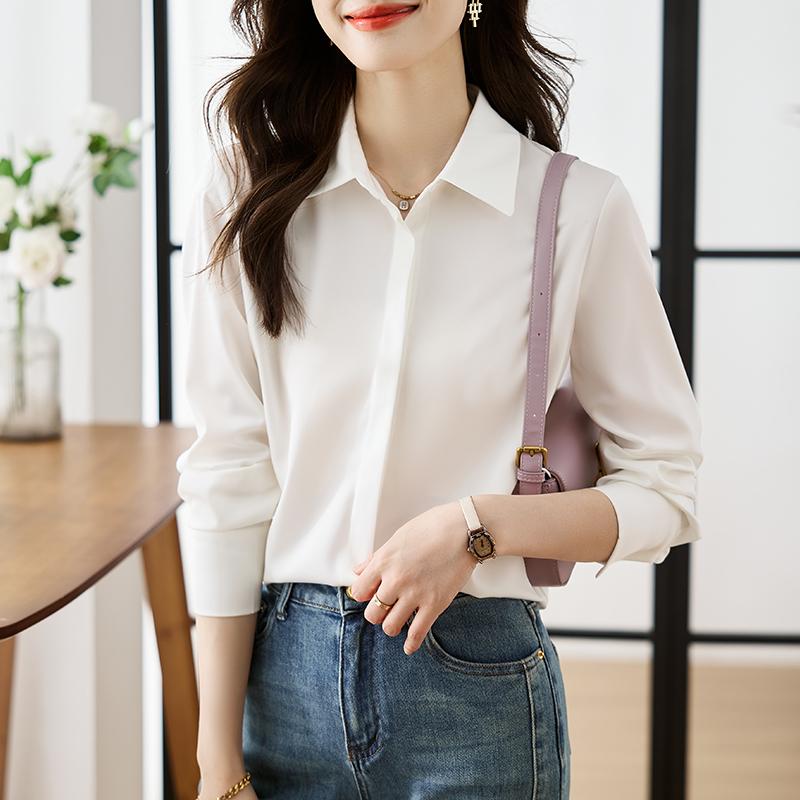 Damen Blusen Hemden 2025 Frühling Langarm Damen Bluse Hemd Büro Dame Umlegekragen Weiß Schwarz Bluse Hemd Damen Oberteile J913