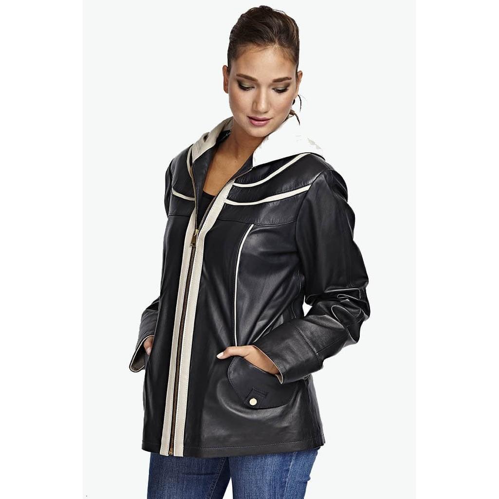 

Темно-синяя бежевая кожаная куртка с гарниром Oriana