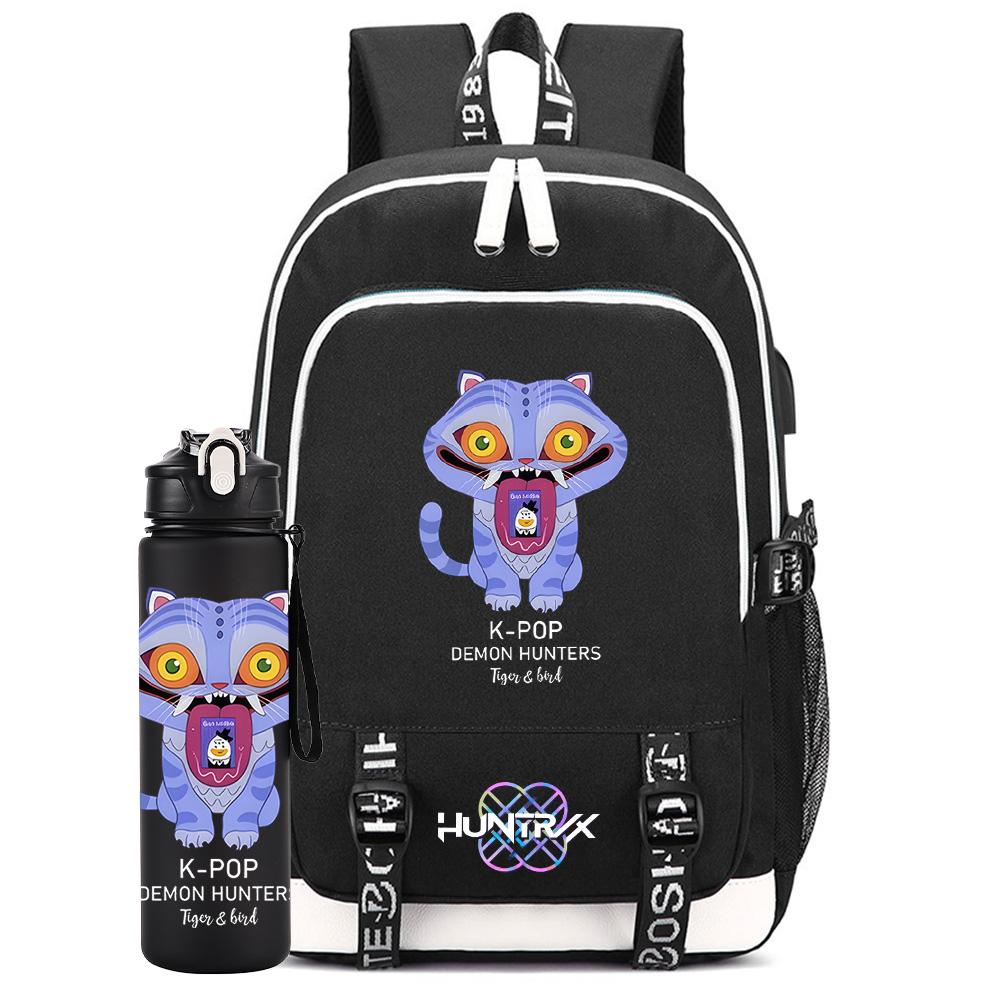 2Pcs/set Cartoon Kpop Backpack Large Capacity Bookbag With 750ml Water Bottler Laptop Student Boy Girl School Bag Waterproof Travel Bag Kid Gift