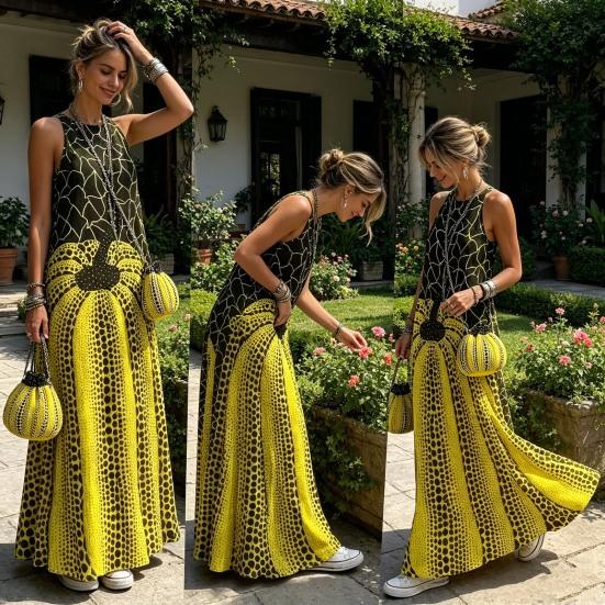 Vestido Maxi de Verano para Mujer, Vestido Largo Estampado sin Mangas de Cuello Redondo, Atuendos Casuales Fluidos para Vacaciones con Bolsillos