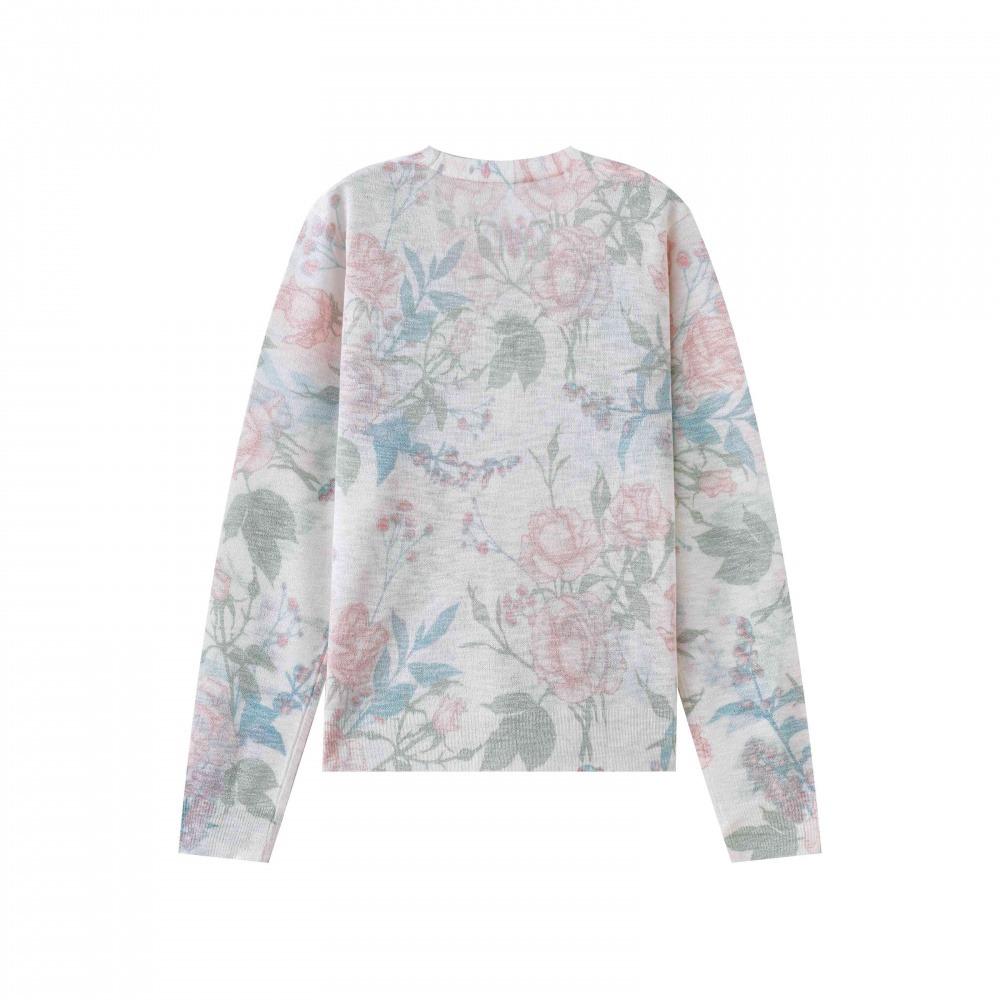 Autumn Women's Long Sleeve Floral Print Knitted V-Neck Cardigan Lightweight Casual Sweater Anti-Darkness Feature